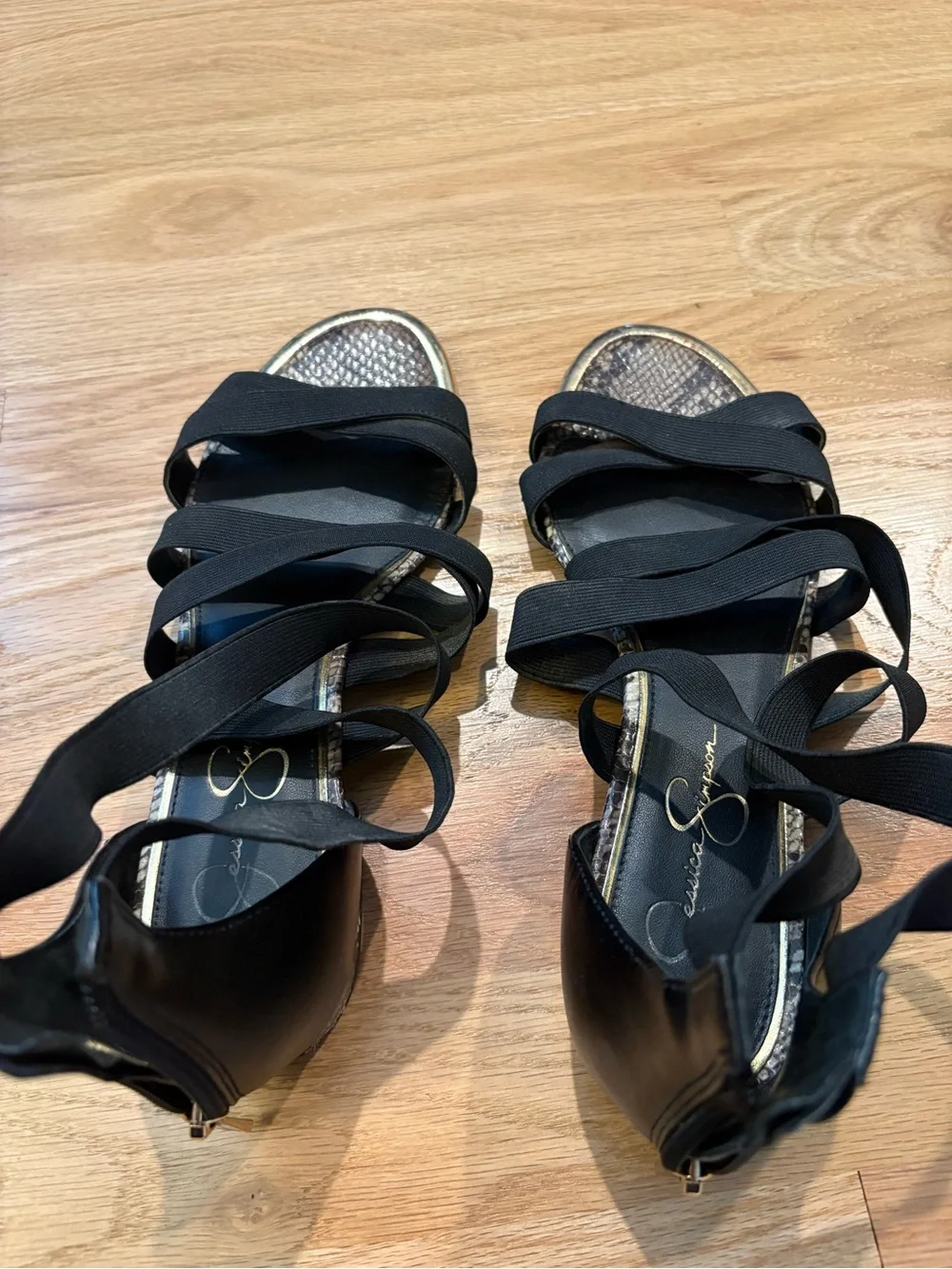 Jessica Simpson Black Strappy Sandals with Snakeskin Heel Accent